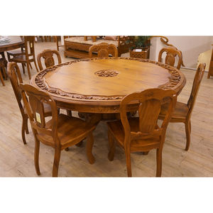 Table à manger ronde en teck sculpté à la main de style romantique avec sculpture de roses avec diamètre de 150cm, ensemble de table à manger pour restaurant - Product Image 1