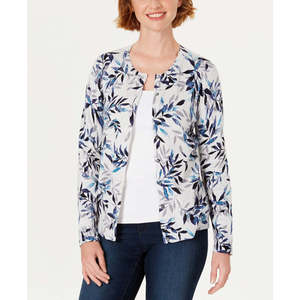 Cardigan grigio casual da donna Karen Scott, taglia piccola, con stampa a foglie e fiori - Product Image 1