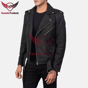 Veste en cuir véritable noir pour homme, style motard, avec fermeture éclair asymétrique, ceinture à la taille, épaulettes, en peau de mouton, personnalisée, vintage, pour l'hiver - Product Image 3