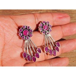 ต่างหู925ทำด้วยมือเงินสเตอร์ลิง Boho หางนกยูงทำด้วยมือต่างหูทับทิมและเงินธรรมชาติเป็นของขวัญสำหรับแฟชั่นสไตล์โบฮีเมียนของเธอ - Product Image 5