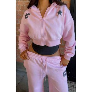 Ensemble de survêtement 2 pièces pour femme, hiver, uni, brodé, de l'archives, Charli, sweat à capuche court à fermeture éclair, rose - Product Image 1