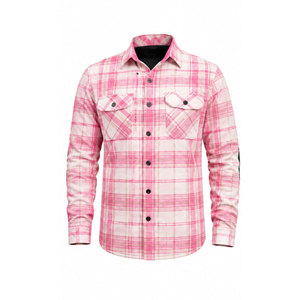 เสื้อเชิ้ตแขนยาวลายสก็อตสีชมพูสำหรับผู้ชาย พร้อมแผ่นรองข้อศอก ปกเสื้อแบบพับได้ แขนยาว ผ้าแฟลนเนลทอ สำหรับใส่ในฤดูใบไม้ร่วง - Product Image 2