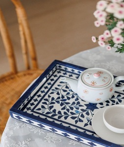 Plateau de service rond en os incrusté artisanal de luxe avec motif floral et feuille complexe, table basse décorative par f s i - Product Image 3