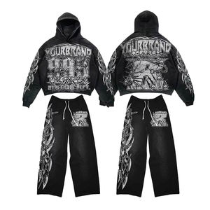 Survêtement d'hiver unisexe surdimensionné personnalisé en gros Ensembles pantalons de survêtement et sweat à capuche en satin à ourlet brut - Product Image 6