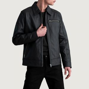 OEM Custom Matte Black <b>Leather</b> Biker <b>Jacket</b> for Men Casual Winter Style with Stand Collar and Front Logo Closure - Product Image 1