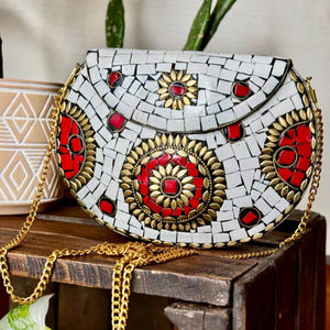 Stone Clutch Luxury Design Handmade <b>Bags</b> <b>Silver</b> Evening Designer Ready to Ship Sa Resin Brass Mosaic with Metal - Product Image 1