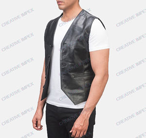 Customized <b>Men's</b> Premium Quality Professional Motorcycle <b>Black</b> Leather <b>Vest</b> Stand Collar Biker <b>Vest</b> Custom Logo Winter Wholesale - Product Image 3