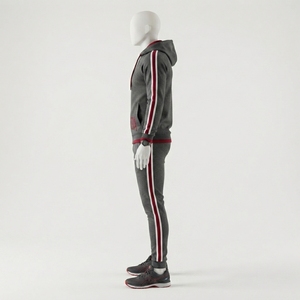 Ensemble de survêtement pour homme gris chiné avec bandes latérales rouges, sweat-shirt zippé et pantalon de jogging, vêtements de sport, entraînement, gym, fitness, activewear - Product Image 2