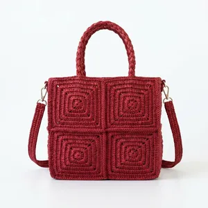 Handwoven raffia Tote Bag Bohemian Square Pattern Shoulder <b>Handbag</b> Solid Color Shopping Carryall Custom Closure - Product Image 1
