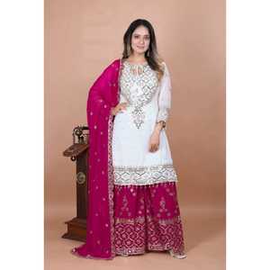 Nuevo Salwar Kameez de Diseño Moderno con Bordado Pesado y Trabajo en Relieve, Top-Plazzo Dupatta de Faux Georgette de Secado Rápido, Ajuste Regular para Playa - Product Image 1