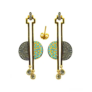 Boucles d'oreilles pendantes vintage plaquées or pour femmes, pierres précieuses bleues avec perle et diamant, or rose pour mariage et fête - Product Image 1