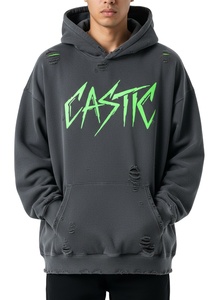 Sweat à capuche zippé effet vieilli pour homme, 100% coton 400 GSM, délavé à l'acide, style vintage déchiré, streetwear, broderie de logo personnalisée, fabricant OEM ODM - Product Image 2