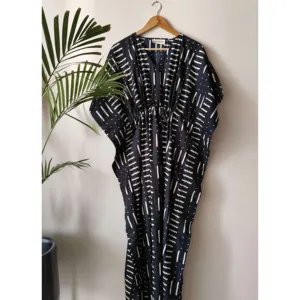 Robe kaftan bohème en mousseline de soie longue jusqu'au sol avec taille empire élastiquée et liens - Product Image 3
