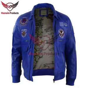 Chaqueta Bomber de Cuero Azul Auténtico para Hombre, con Parches de la Fuerza Aérea, Cuello Camisero, Bolsillos Cargo, Diseño Clásico Personalizado, Abrigo Cálido - Product Image 2