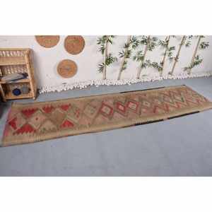 Alfombra Turca Vintage Rústica Beige Rojo 3,1 X 11.5ft Área Grande Lana Patchwork Respaldo de Látex Pasillo Abstracto para Habitación de Adolescentes - Product Image 3