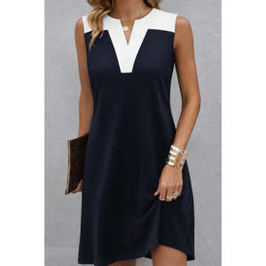 Women's Strappy V-Neck Two-Tone Short <b>Viscose</b> Two-Thread <b>Dress</b>, 35485 - Black - Product Image 1