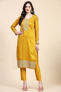 Ensemble de salwar kameez pour femmes Trendmalls en soie chinon vichitra brodée, coupe régulière, toutes saisons, jaune, kurta, pantalon, dupatta - Product Image 4