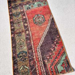 Vintage Small Rug 1.6x3.2 ft (50x98 cm), Turkish <b>Red</b> Striped <b>Wool</b> Rug - Product Image 2