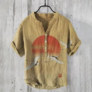 2025เสื้อยืดผู้ชายผ้าลินินทรงหลวมลำลอง, เสื้อเชิ้ตไซส์ใหญ่แขนสั้นคอวีลายหมึก S-5XL - Product Image 5