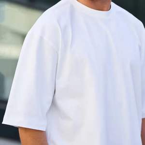 T-shirt streetwear oversize à épaules tombantes 100% coton pour hommes, impression de logo personnalisé, col côtelé vierge, logo personnalisable solide - Product Image 2