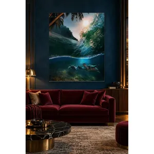 เต่าฟิดาใต้คลื่นหน้าชายหาดที่มีต้นปาล์มรอบข้าง ภาพพิมพ์บนผ้าใบ - Product Image 1