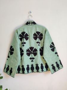 2025 Best Jacket Velvet Suzani Embroidery <b>Light</b> Blue Casual Women's Winter Jacket with Floral Pattern and Cotton Lining Inside - Product Image 4