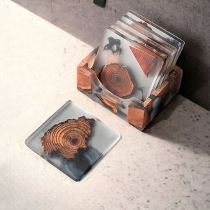 Juego de Manteles Individuales Cuadrados de Estilo Zen Americano/Asiático Moderno, Posavasos Grandes, Decoración Rústica para Mesa, Almohadillas de Resina Epoxi de Madera de Nogal/Cedro - Product Image 6