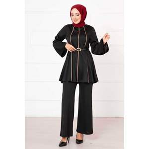 Ensemble short décontracté 2 pièces Mevlana détaillé noir tricot tissé haut et short coupe ample taille XS et XXS pour la saison d'automne - Product Image 4