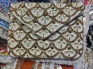 Shreeya Fineries Handmade Satin Beaded Envelope <b>Clutch</b> Purse Geometric Pattern Chain Strap Zipper Closure Evening Bag - Product Image 5
