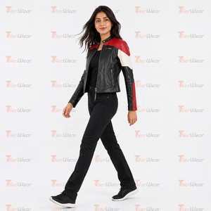 Chaqueta de Motociclista de Cuero Genuino para Mujer TiierWear, Diseño Color Block Negro, Rojo y Blanco, Cierre de Cremallera, Cuello Alto, Estilo Otoñal - Product Image 3