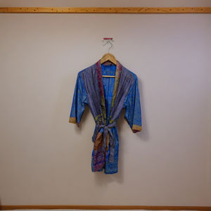 Ligero Cómodo Bohemio Satén Kimono Bata Suave Patchwork Algodón Loungewear Azul Multicolor Fronteras Verano Frente - Product Image 1