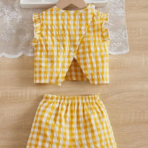 2024 bébé fille belle jaune et blanc carreaux coton tissu haut et sans manches robe courte dernière conception bébé vêtements - Product Image 1