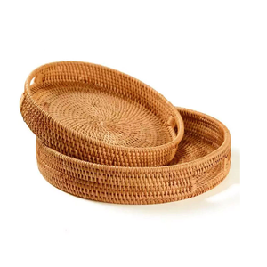 Plateau en osier de rotin naturel classique moderne fait à la main cuisine traditionnelle salle à manger salon pique-nique panier de service fabriqué - Product Image 6