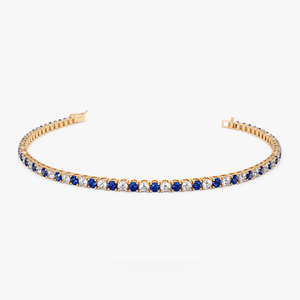 Top qualité dernière broche réglage rond coupe bleu saphir et diamant empilable Tennis Bracelet 14K or véritable pierre précieuse bijoux fins - Product Image 1