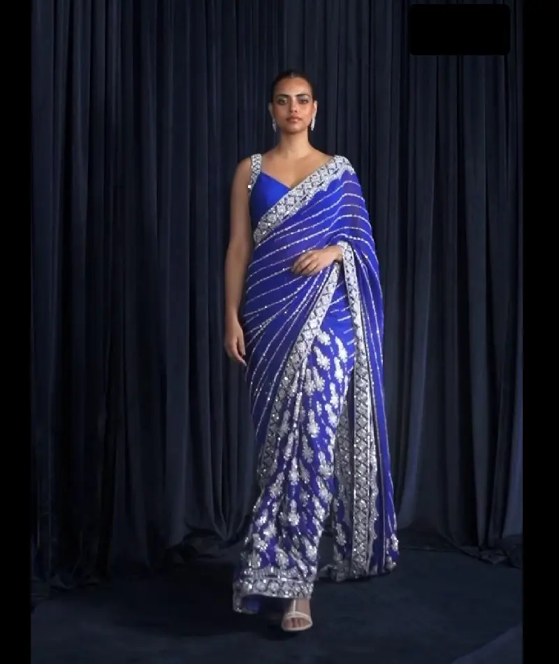 인도 결혼식과 축제 착용 가짜 조젯 무거운 자수 작업 및 시퀀스 작업 사리 여성용 블라우스 조각 사리 사리