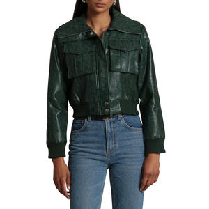 เสื้อแจ็คเก็ตหนังแท้คลาสสิกสําหรับผู้หญิง ฝาปิดซิปด้านหน้าพร้อมแผ่นรองพุกพายุข้อมือยางและขอบ - Product Image 1