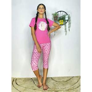 Evolove <b>Women's</b> 100% Cotton Top Tshirt <b>Pyjama</b> Set-Love Printed Capris <b>Leggings</b> Stylish Side for Daily Summer Wear ODM Supply - Product Image 1