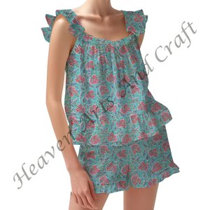 Conjunto de pijama corto con estampado de bloque de algodón de verano para mujer Primavera/Verano Floral ajustado con tiras y volantes - Product Image 3