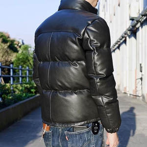 Veste en cuir matelassée ample à col montant en peau de mouton véritable noire pour homme, vêtement d'extérieur d'hiver de qualité supérieure, manteau matelassé chaud - Product Image 4