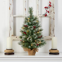 Vente en gros 2 pieds. Sapin de Noël artificiel floqué de pin et de baies pré-éclairé de 60 cm sur base en toile de jute, lumières LED blanc chaud