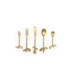 Brass Spoon for Handle Design Piece and Customized Size Brass Twig Leaf Handle Gold <b>Dessert</b> Spoon and <b>Fork</b> Set - Product Image 1