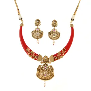South Indian Style Classic Antique Necklace Set With Matte Gold Plating 213617 Wholesalers in India