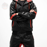 Desain terbaru kustom logo hitam merah kulit PU lengan panjang setelan Jogging Slim Fit Tracksuit Sweatsuit set untuk pria
