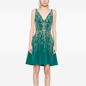 Robe Maxi Antistatique Vert Turquoise avec Décolleté en V Circulaire Brodé Perles Perles Décorations Logo Avant-Sans Manches - Product Image 1