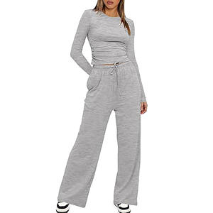Vente en gros de survêtements à manches longues ou à manches courtes et jambes larges, ensembles assortis et décontractés, vêtements de sport pour l'entraînement, pantalons taille haute - Product Image 1