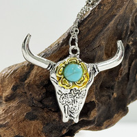 Ensemble de 3 colliers pendentifs de style western turquoise, bijoux bohèmes pour femmes et hommes, alliage de zinc avec motif de tête de taureau western, bottes tendance