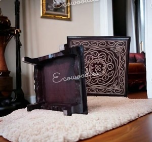 Tabouret Pooja Chowki en bois rouge pour décorations Diwali Articles Navratri puja pour décorations pour la maison Console incrustée d'os - Product Image 1