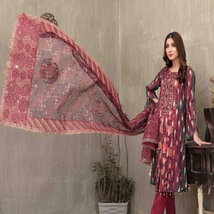 Camisa de algodón estampada de 3 piezas para mujer de alta calidad, trajes de pantalón Dupatta, estilo paquistaní bordado disponible sin costuras - Product Image 4
