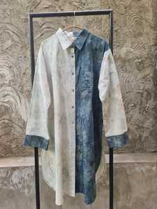 Vestido de Verano Vintage ECOPRINT para Mujer, Túnica Plisada en Mezclilla de Algodón, Cintura Imperio, Cuello Mandarín, Largo Maxi - Product Image 1