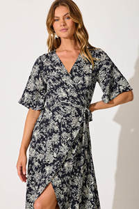 Robe Maxi Longue d'Été Imprimée de Fleurs Décolleté Carré Avant Dos Corps Fumé Manches Courtes Flutter Robes Décontractées Latérales Slip - Product Image 4